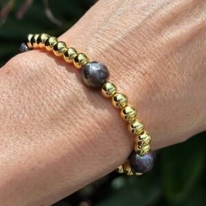 Faceted Iridescent Pearls 18k Gold-Filled Beaded Handmade Stretch Bracelet 6.75”
